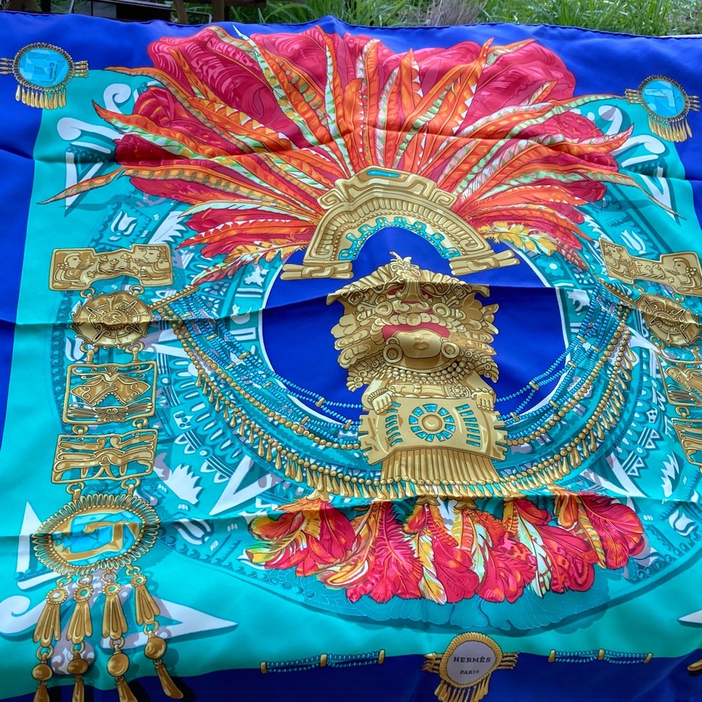 Hermes Mexican South American native Indian Mayan Aztec print silk Carre scarf
